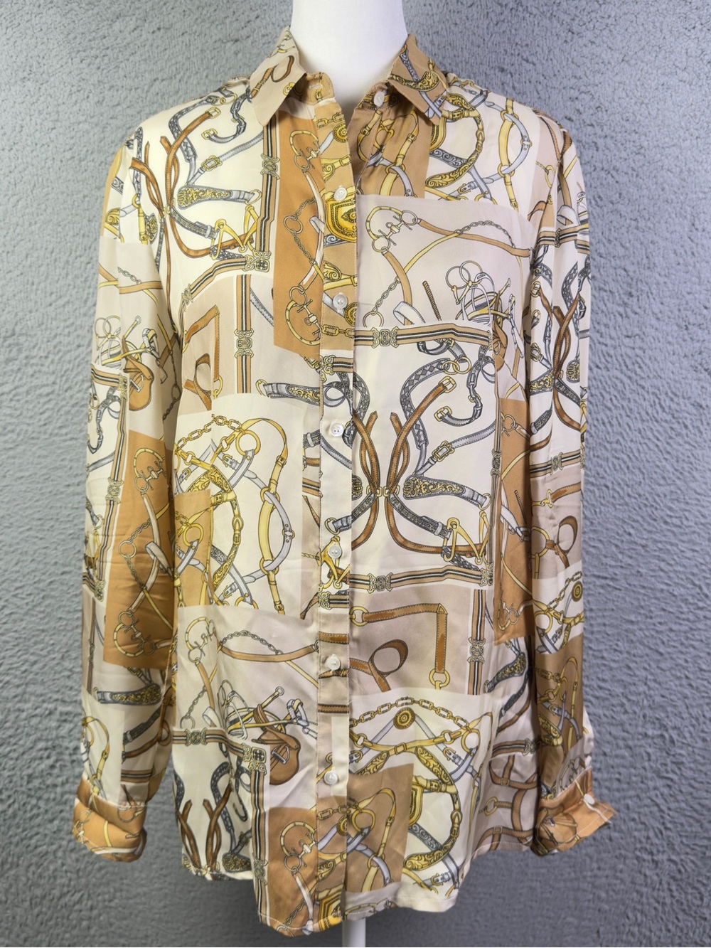 J McLaughlin Top Women XS Tan Brown Rope Belts AOP Silk Blend Button Long Sleeve